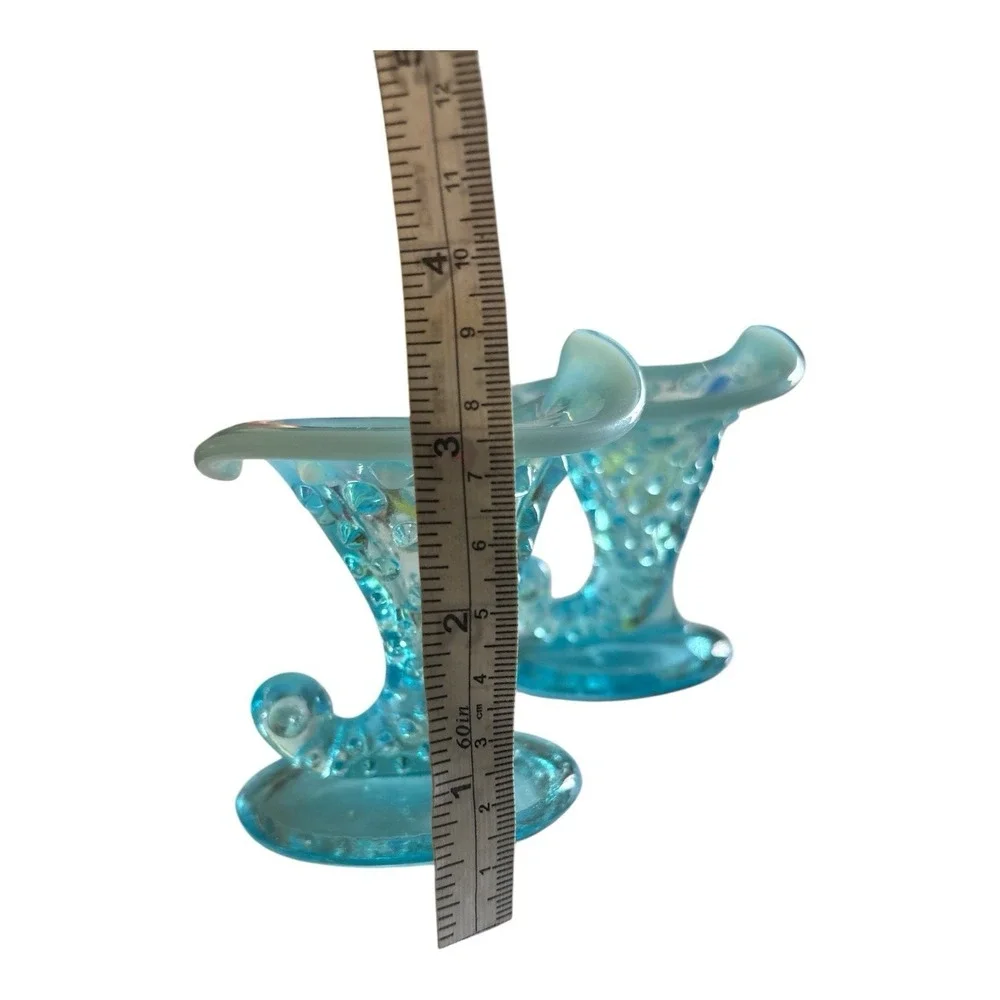 Vintage Fenton Blue Opalescent Hobnail Cornucopia Vase/Candle Holder Set #11